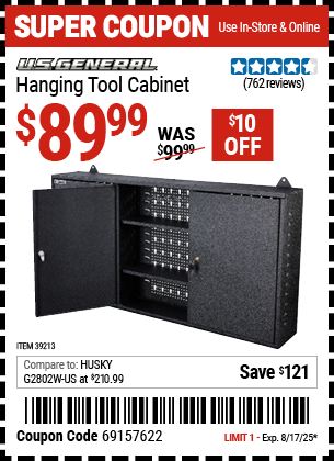 Buy the U.S. GENERAL Hanging Tool Cabinet (Item 39213) for $89.99, valid through 8/17/2025.