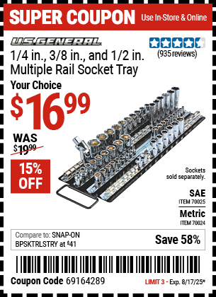 Buy the U.S. GENERAL 1/4 in., 3/8 in., and 1/2 in. Multiple Rail Socket Tray (Item 70024/70025) for $16.99, valid through 8/17/2025.