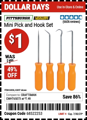 Buy the PITTSBURGH Mini Pick and Hook Set (Item 63697/66836) for $1, valid through 7/30/2025.