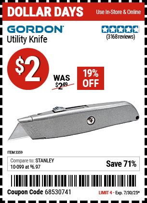 Buy the GORDON Utility Knife (Item 03359) for $2, valid through 7/30/2025.