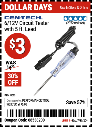 Buy the CEN-TECH 6/12V Circuit Tester with 5 ft. Lead (Item 63603) for $3, valid through 7/30/2025.