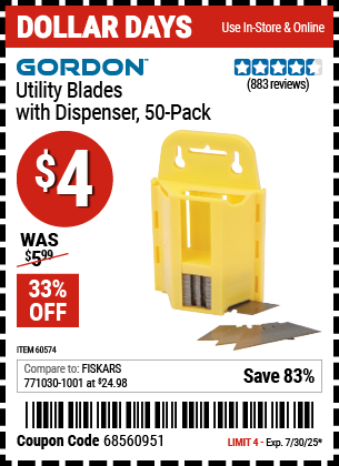 Buy the GORDON Utility Blades with Dispenser, 50 Pack (Item 60574) for $4, valid through 7/30/2025.