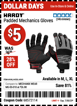 Buy the HARDY Padded Mechanics Gloves (Item 64539/64540/64541) for $5, valid through 7/30/2025.