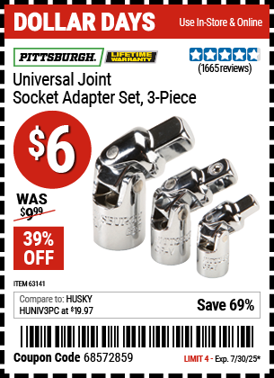 Buy the PITTSBURGH Universal Joint Socket Adapter Set, 3-Piece (Item 63141) for $6, valid through 7/30/2025.