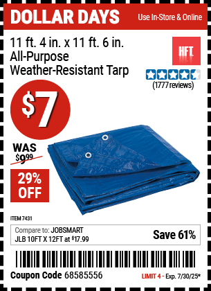 Buy the HFT 11 ft. 4 in. x 11 ft. 6 in. Blue All-Purpose Weather-Resistant Tarp (Item 07431) for $7, valid through 7/30/2025.