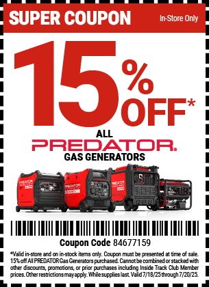 15% Off All PREDATOR Gas Generators, valid through 7/20/2025.