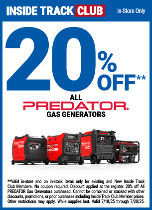20% Off All PREDATOR Gas Generators, valid through 7/20/2025.
