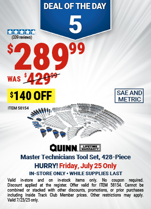 Buy the QUINN Master Technicians Tool Set, 428-Piece (Item 58154) for $289.99, valid through 7/25/2025.