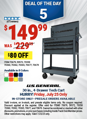 Buy the U.S. GENERAL 30 in. 4-Drawer Tech Cart (Item 59572/70358/70360/70362/70365/70677/70678/70679) for $149.99, valid through 7/25/2025.